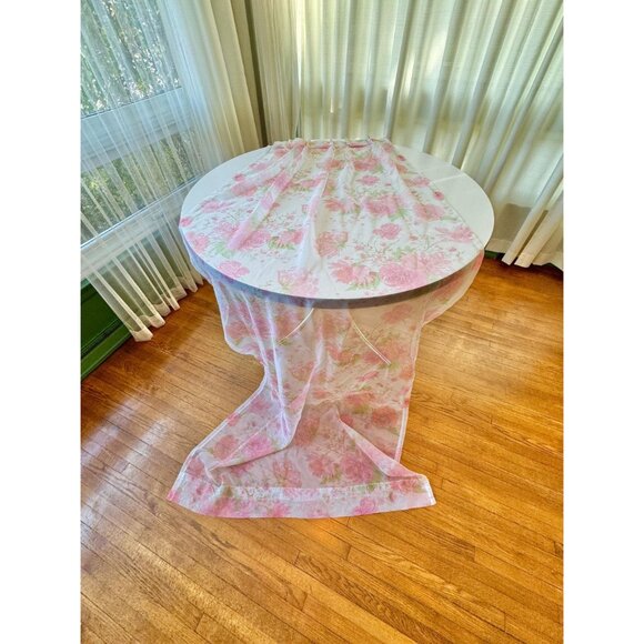 Vintage 1960s pair of curtains, pink floral bouquet, long and narrow, sheer - Picture 5 of 9